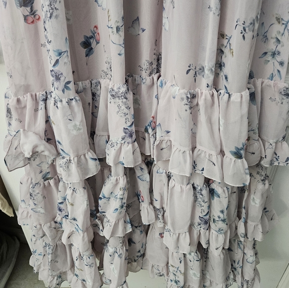 NWT  Mac Duggal Lilac Floral Print Ruched Raglan Sleeve Tiered Gown Sz 10 68199 - Picture 6 of 12